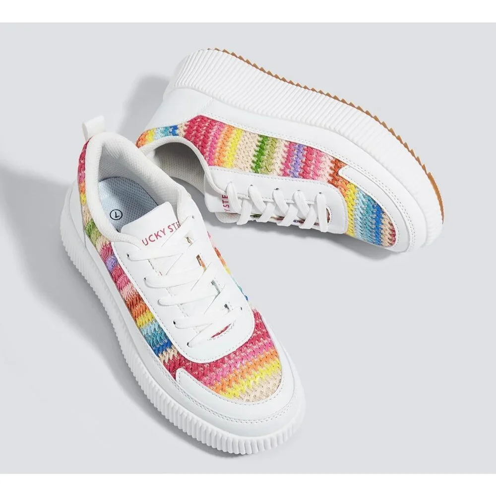 Lucky Step Women's White Platform Sneakers Rhinestone Fashion Chunky Shoes